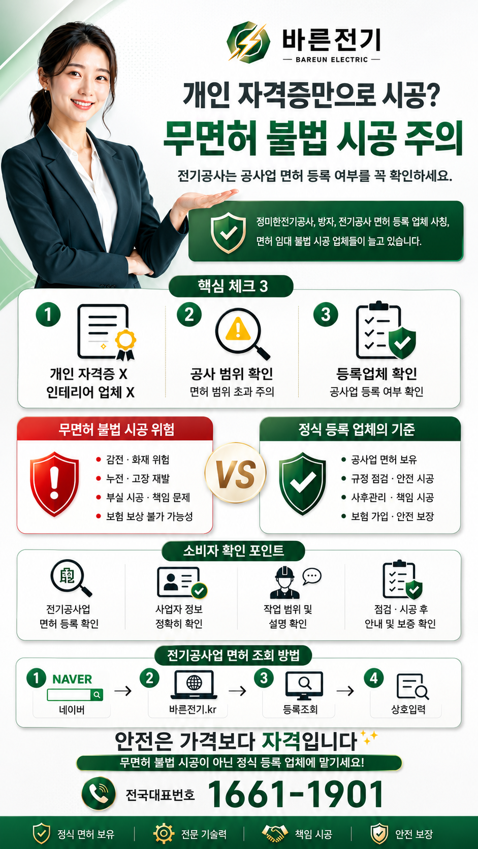 무면허 불법 전기공사 주의 및 전기공사 면허 등록 확인 안내